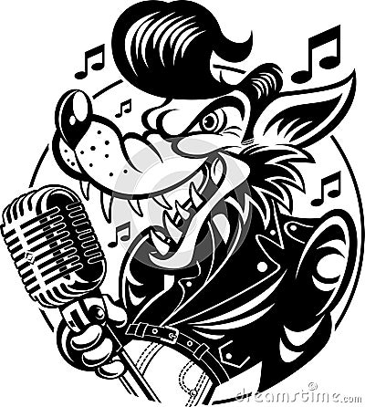 Rockabilly style wolf singing into vintage microphone Vector Illustration