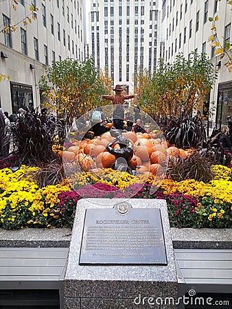 Halloween at the Rockefeller Center, pumpkins and straw doll decoration Editorial Stock Photo