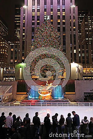 Rockefeller Center skating rink and Christmas tree by night. New York, USA Editorial Stock Photo