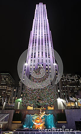 Rockefeller Center skating rink and Christmas tree by night. New York, USA Editorial Stock Photo