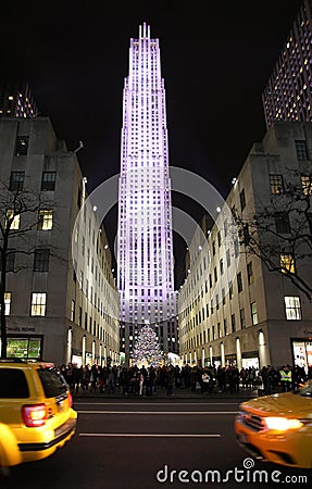 Rockefeller Center skating rink and Christmas tree by night. New York, USA Editorial Stock Photo