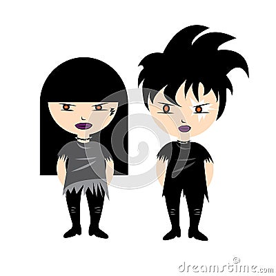 The rocker girl and boy wearing black Halloween costume. Vector Illustration