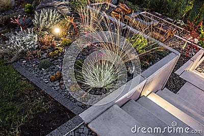 Rockery Garden Illuminated by Weather Proof Outdoor LED Light Stock Photo