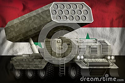 Rocket artillery, missile launcher with grey camouflage on the Syrian Arab Republic national flag background. 3d Illustration Stock Photo