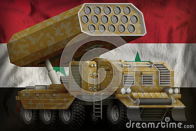 Rocket artillery, missile launcher with sand camouflage on the Syrian Arab Republic national flag background. 3d Illustration Stock Photo