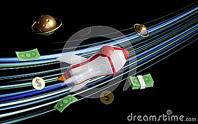 rocket with banknote stack, coin dollar money, stars. currency values soar like rockets in the sky. 3d render illustration Cartoon Illustration