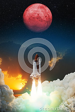 Rocket with blast and smoke takes off to the red planet mars. Spacecraft lift off to explore other planets. Stock Photo