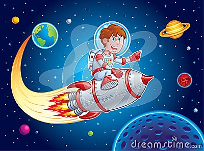 Rocket Boy Blasting from Earth to Outer Space Cartoon Illustration