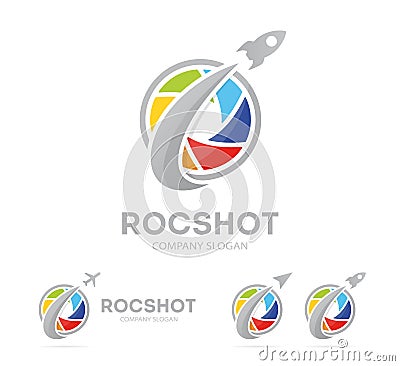 Rocket and camera shutter logo combination. Airplane and photography symbol or icon. Unique photo and lens logotype Stock Photo