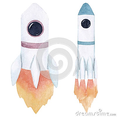 Rocket in cartoon childish stile. Watercolor hand drawn set of spacecraft icons Stock Photo