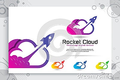 Rocket cloud vector logo with colorful and simple style, illustration cloud and rocket as a symbol icon of digital template Cartoon Illustration