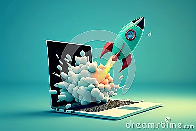 Rocket coming out of laptop screen. Generative ai design Stock Photo