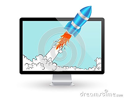 Rocket and computer screen. Startup Comic or Project Development Concept. Vector Icon Vector Illustration