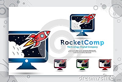 Rocket computer vector logo with simple style concept, illustration of rocket and computer can use for symbol digital template of Vector Illustration