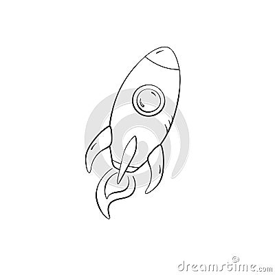 Rocket in doodle style, vector illustration. Icon space for print and design. Sketch spaceship hand drawn, isolated Vector Illustration