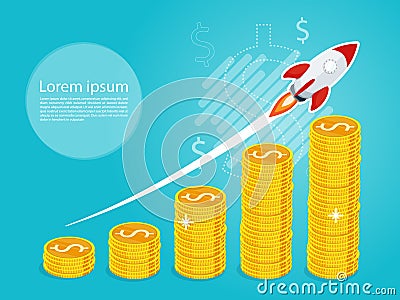Rocket fast start up launch,growing business growth step graph,business gold coin flag vector Vector Illustration