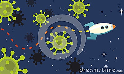 Rocket Finds Path Through Coronavirus Pandemic Covid-19 Virus Planets stylised illustration Vector Illustration