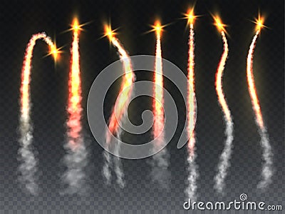 Rocket fire set. Missile or spaceship launch trail with flame and smoke. Falling comet or meteor smokey tails texture Vector Illustration