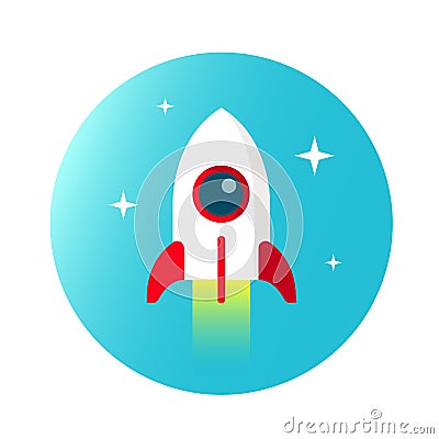 Rocket in flat style on circle sky with stars Vector Illustration