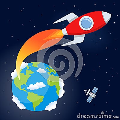 Rocket Flying from Earth to Space Vector Illustration