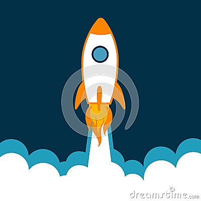 Rocket flying over cloud. Rocket launch icon. Vector illustration with flying shuttle. Space travel. Space rocket launch Vector Illustration