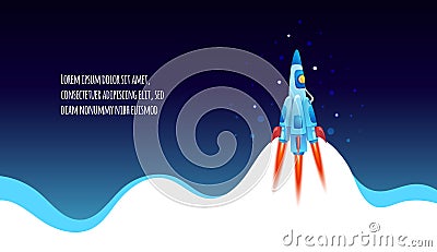 Rocket flying over cloud, Spaceship launch. Business startup banner concept. Vector Illustration