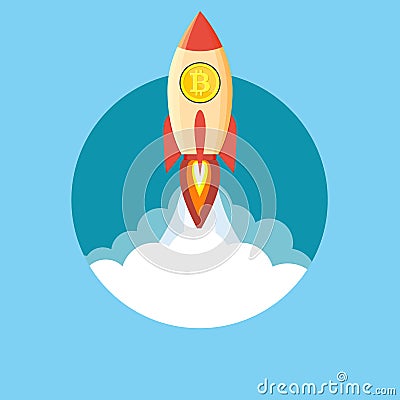 Rocket flying over clouds with bitcoin icon Vector Illustration