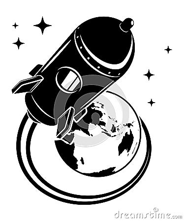 Rocket flying from planet earth into open space to stars. Flights to Mars, Moon and planets of solar system. Black and white Vector Illustration