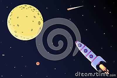 Rocket flying to the Moon. Vector Illustration