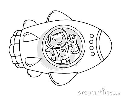 Starship or rocket with pilot. Kids coloring book Vector Illustration