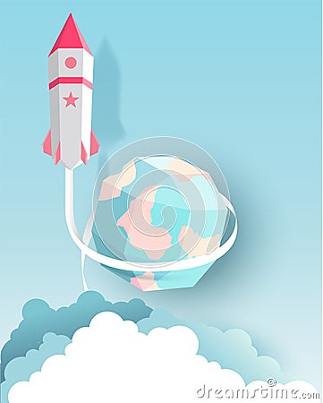 Rocket, globe, cloud, sky, paper art style with pastel color Vector Illustration
