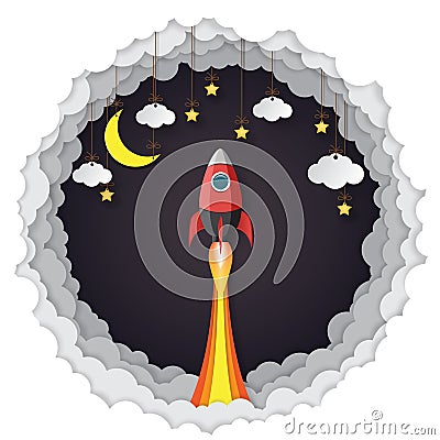 Rocket,hanging clouds,stars and moon paper art style Vector Illustration