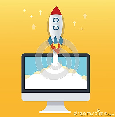 The rocket icon and computer yellow background, startup business concept illustration Vector Illustration