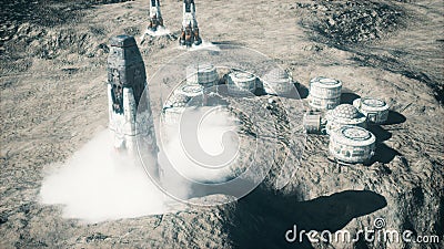 The rocket lands on the moon near the lunar space colony. The space rocket spews fire exhaust and smoke. The image is Stock Photo