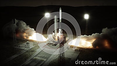 Rocket launch animation. Daylight. Space launch system. 3d rendering. Stock Photo