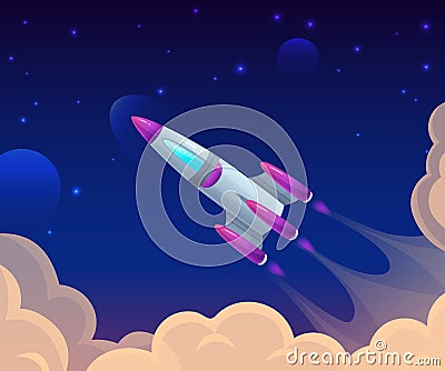 Rocket launch among clouds and sky. Cartoon spaceship flight in cosmos. Galaxy traveling. Startup project Vector Illustration
