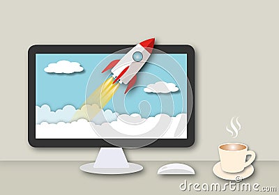 Rocket launch from computer screen as metaphor for business start up. Stock Photo