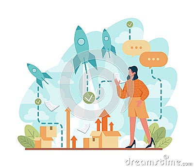 Rocket launch concept. Business start up or succesful project progress Vector Illustration