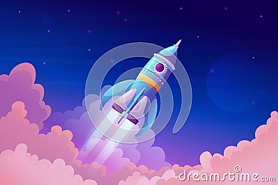 Rocket launch and fire flame, spaceship in sky Vector Illustration