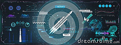 Rocket launch and flight, dashboard, HUD style control center. Set of space elements for GUI, UI, UX and education App Vector Illustration