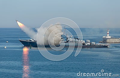 Rocket launch from russian military cruiser Stock Photo