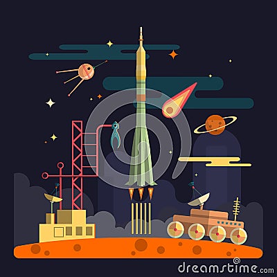 Rocket launch on space landscape background. Vector illustration in flat design. Planets, satellite, stars, moon rover, comets, mo Cartoon Illustration