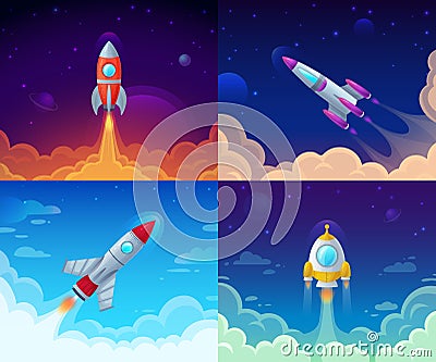 Rocket launch. Space travel, galaxy rocketship and business plan success start vector cartoon concept illustration Vector Illustration