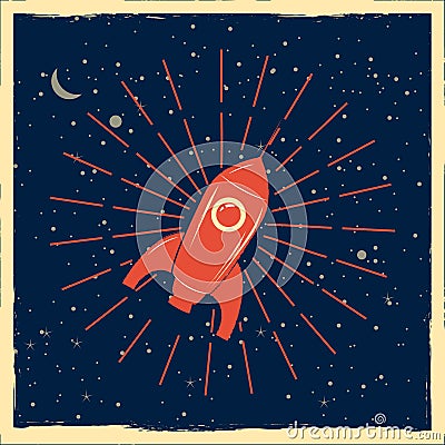 Rocket launch startup rocket retro poster with vintage colors and grunge effect. Vector, illustration, isolated Vector Illustration