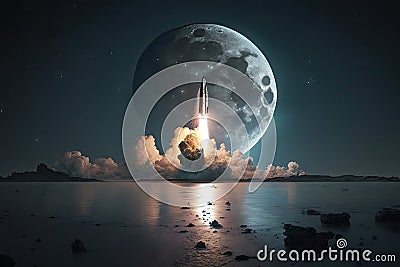 rocket launch with view of the moon, highlighting its mysterious surface Stock Photo