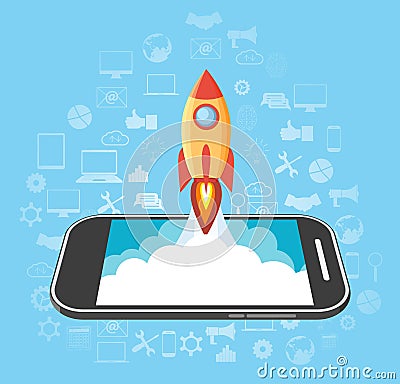 Rocket launched from the phone. Vector Illustration