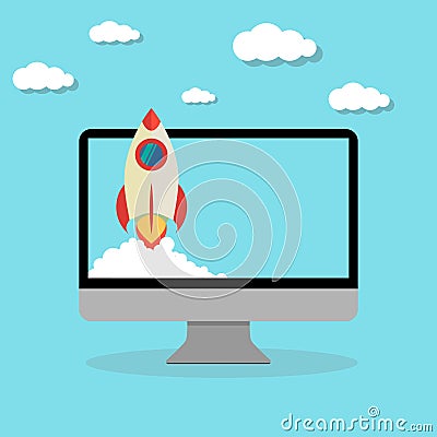 rocket launching start up computer flat design Vector Illustration