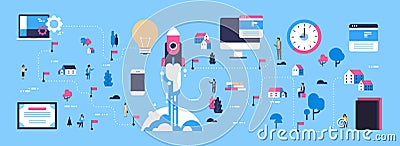 Rocket launching startup concept isometric map business innovation new idea businessperson cartoon character flat Vector Illustration