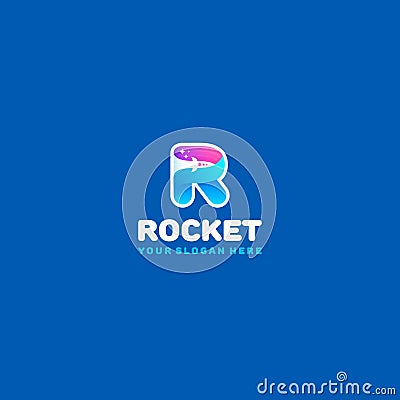 Rocket logo. Colorful R letter with rocket and stars in the negative space. Vector Illustration