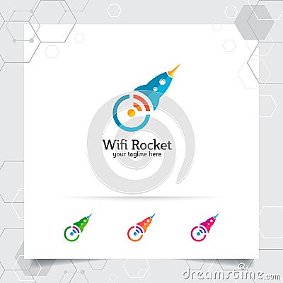 Rocket logo design with networking concept and rocket icon. Wireless rocket vector used for app, technology and software Vector Illustration
